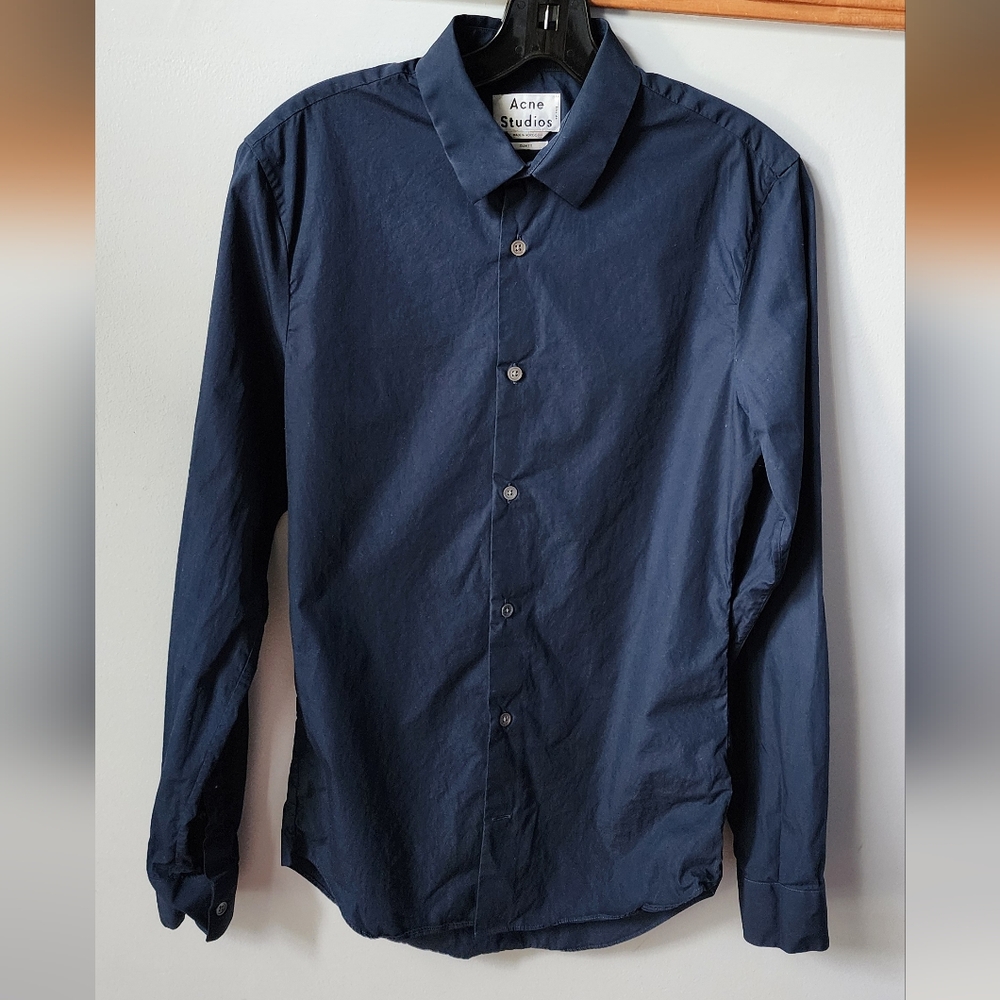 Acne Studios Slim Fit Long Sleeve Button Front Shirt in Navy Blue Cotton 44